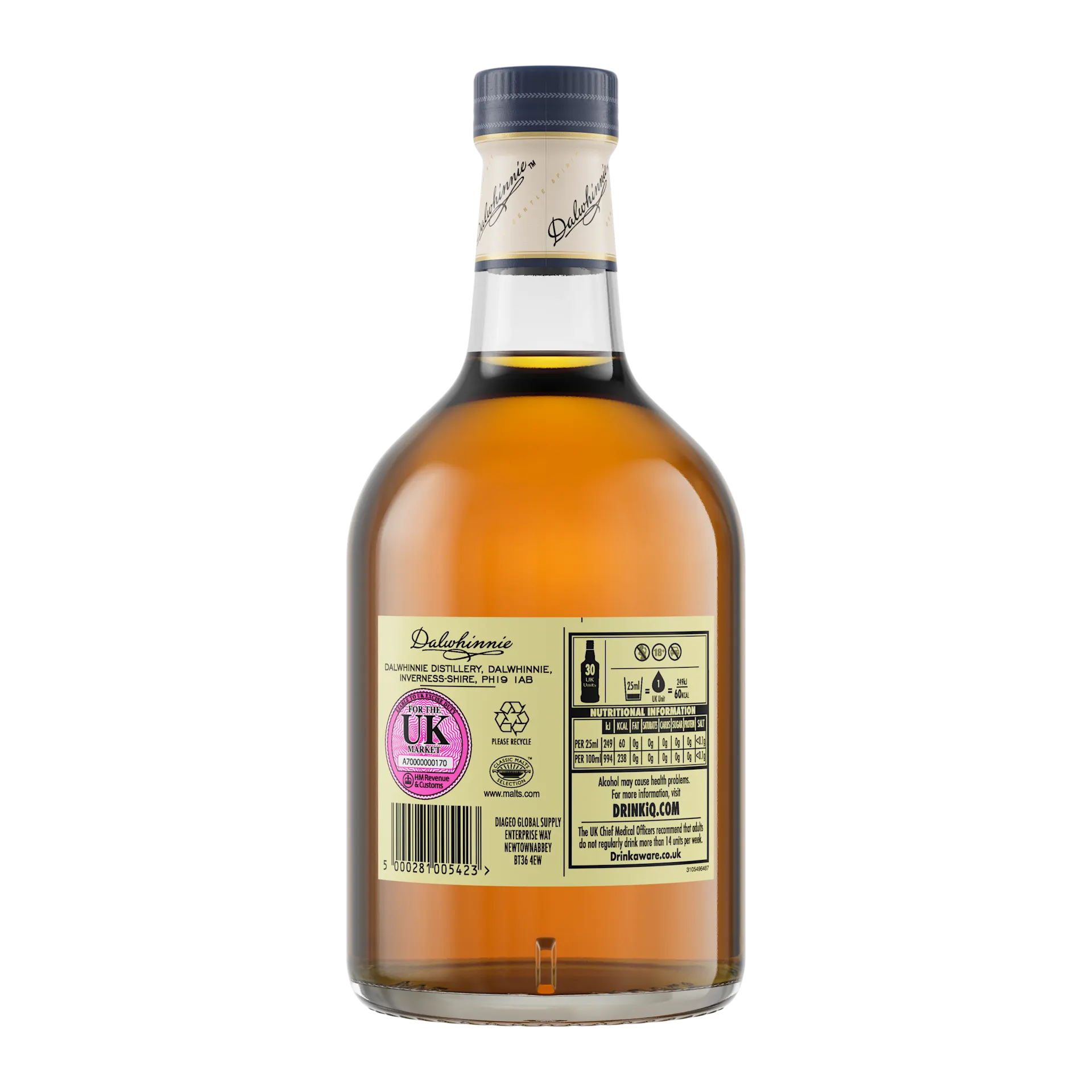 Dalwhinnie 15 Year Old Single Malt Scotch Whisky, 70cl - Back of Bottle