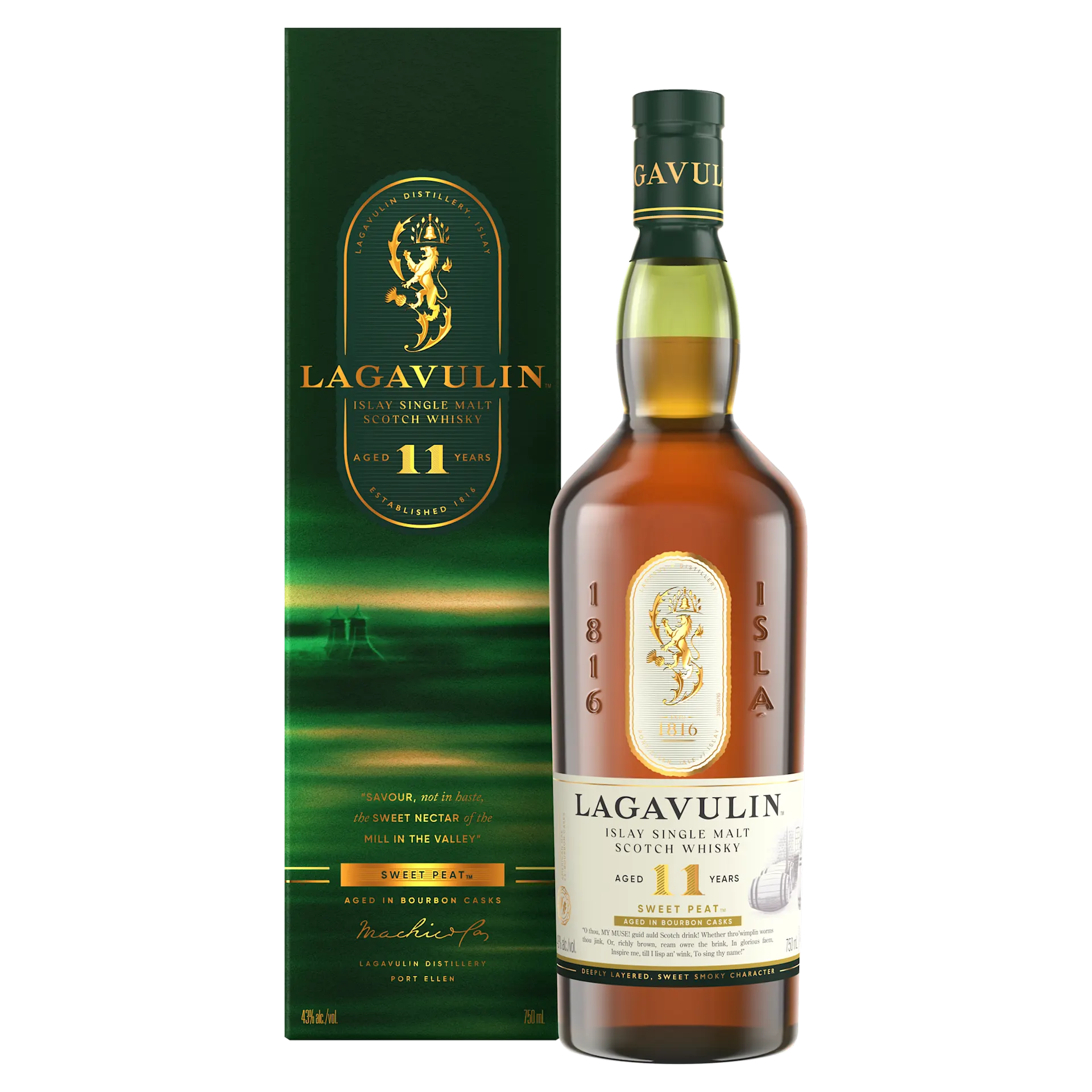  bottle and box - Lagavulin 11 Year Old Sweet Peat Islay Single Malt Scotch Whisky, 750ml