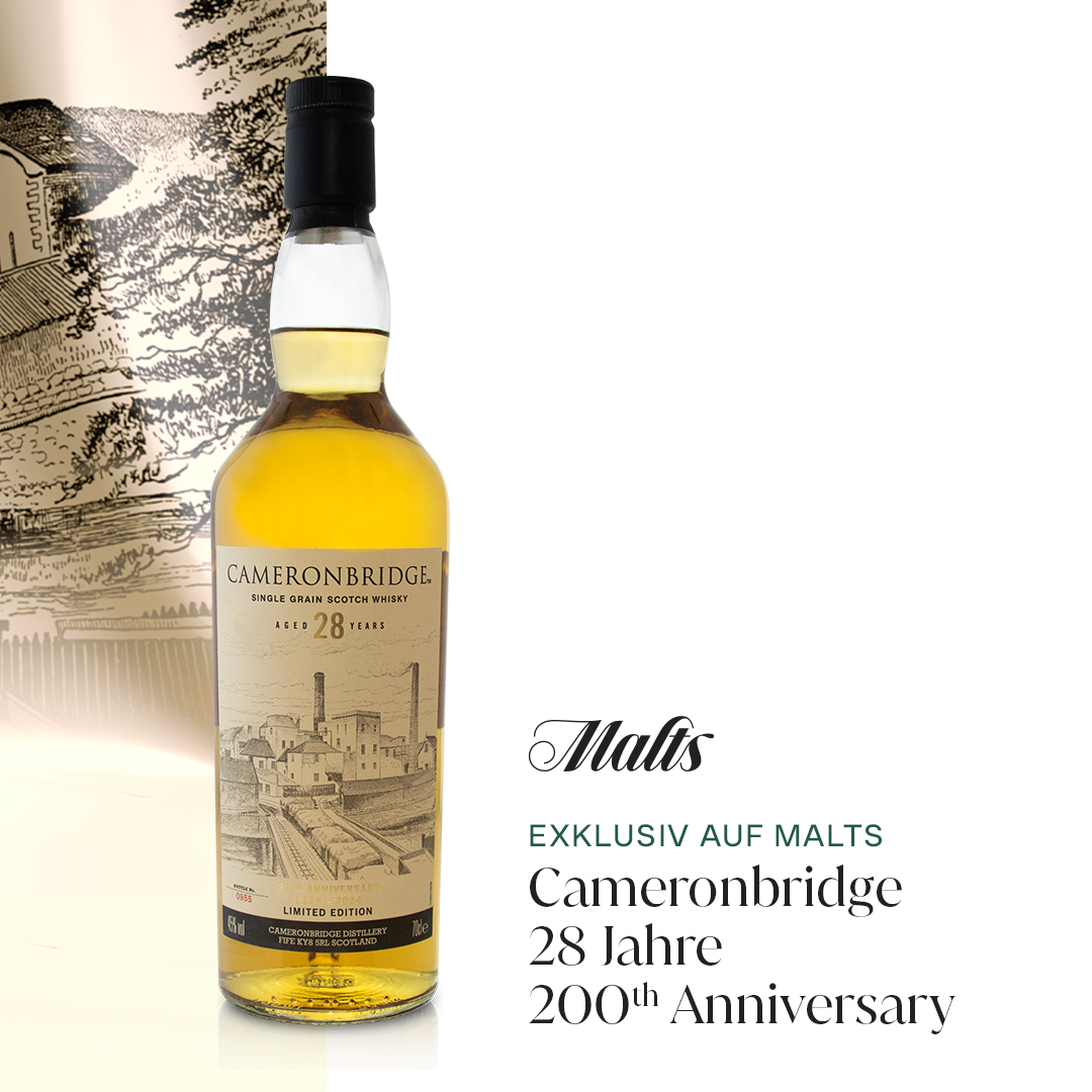 Eine Flasche Cameronbridge 200th Anniversary Single Grain Scotch Whisky, 70cl, mit der Aufschrift "exklusiv erhältlich bei Malts.com".