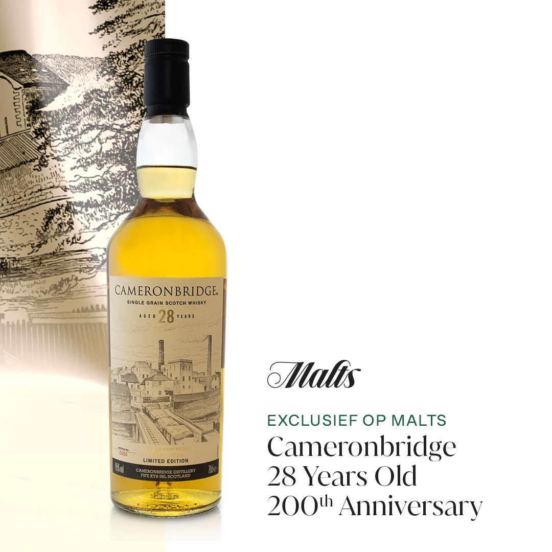 Een fles Cameronbridge 200th Anniversary Single Grain Scotch Whisky, 70cl met tekst ernaast "exclusief verkrijgbaar bij Malts.com".