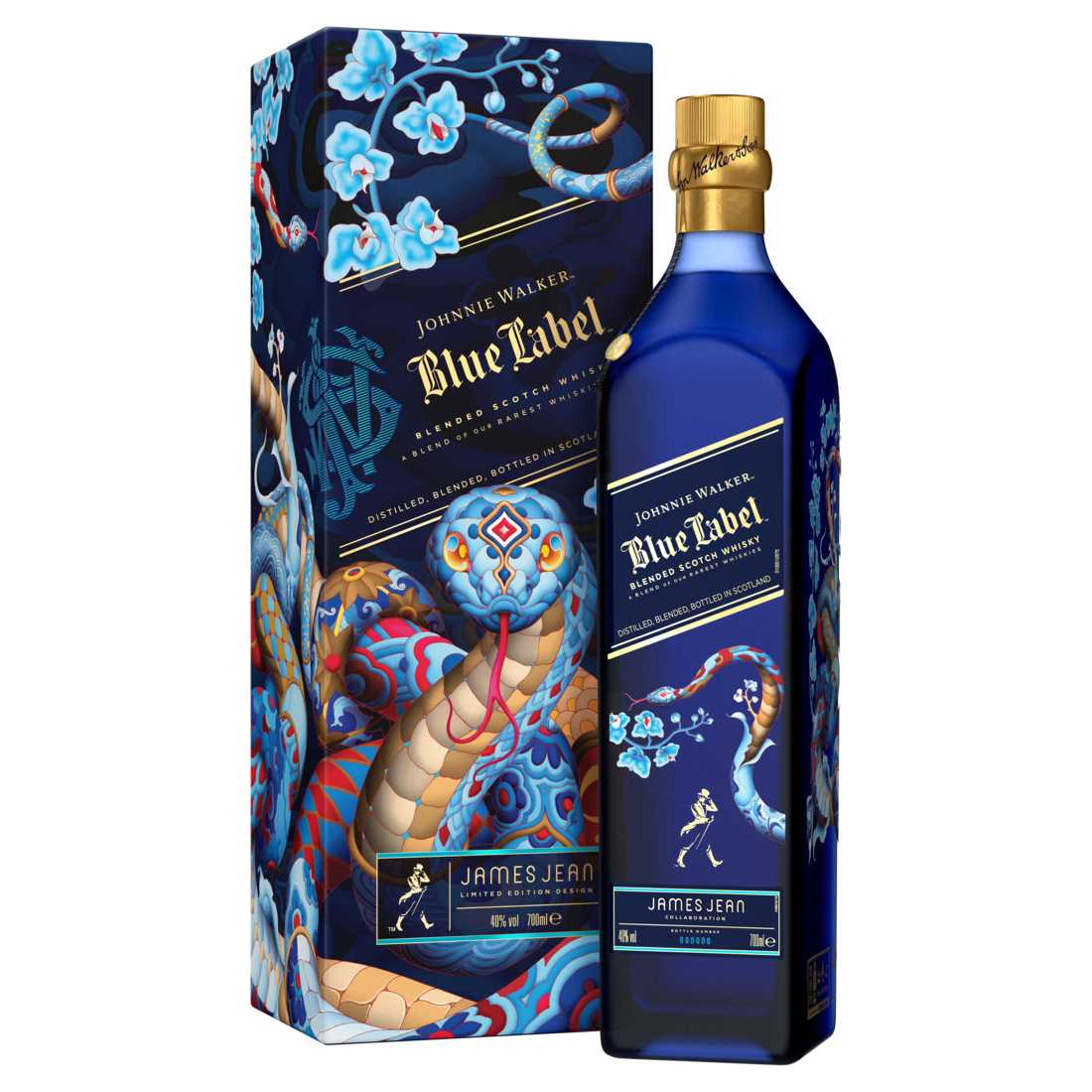 A bottle of Johnnie Walker Blue Label displayed alongside its decorative Lunar New Year gift box, featuring artwork by James Jean with floral and snake motifs.