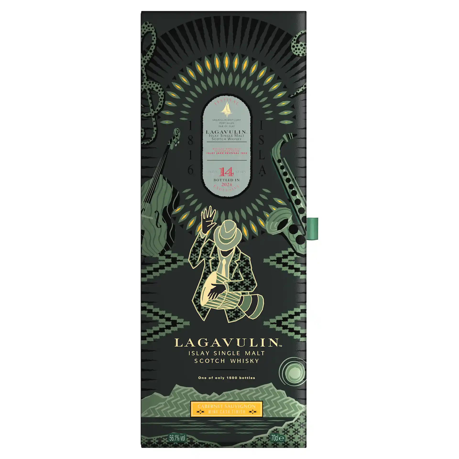 The packaging of Lagavulin 14-year-old Islay Single Malt Scotch Whisky.