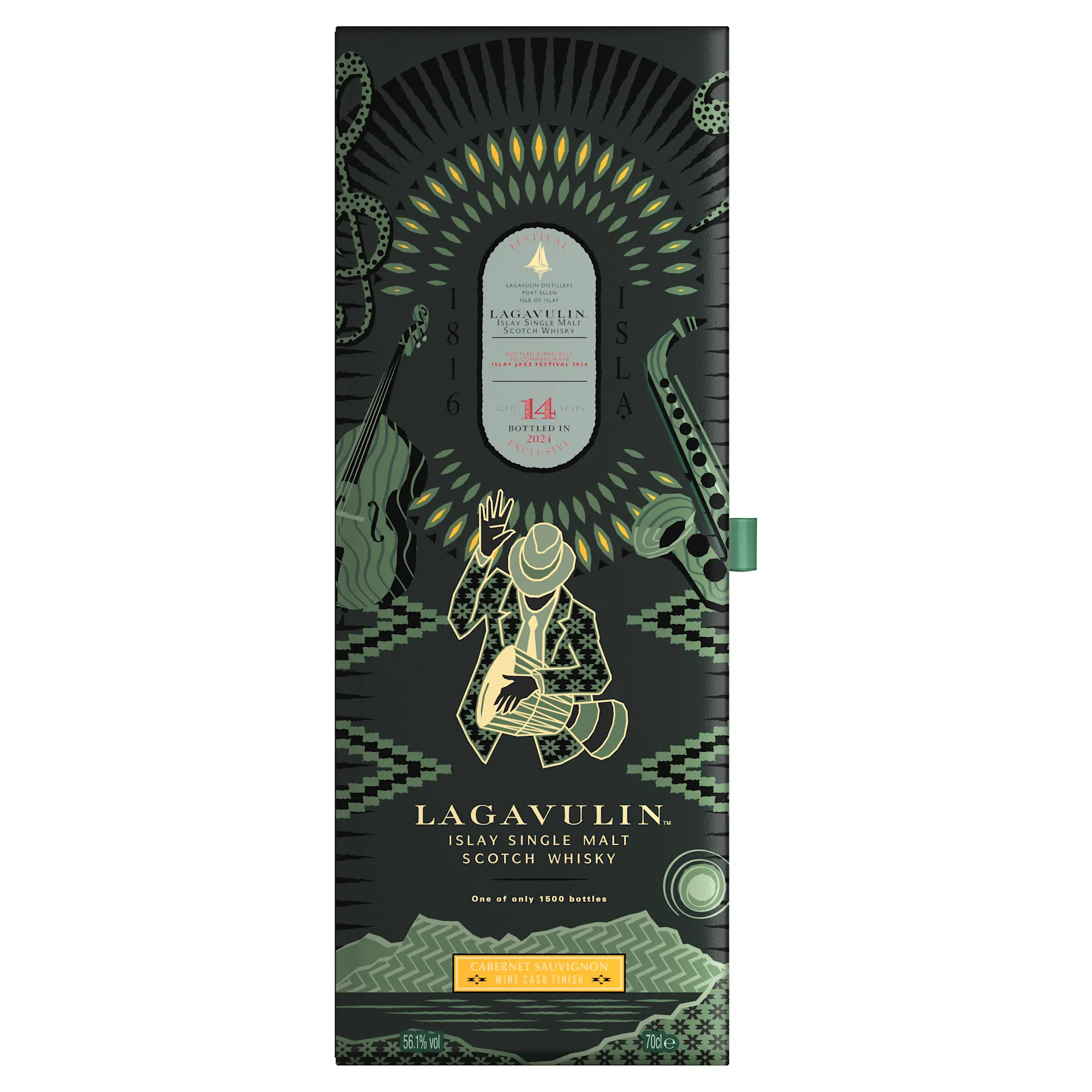 De verpakking van Lagavulin 14 jaar oude Islay Single Malt Scotch Whisky.