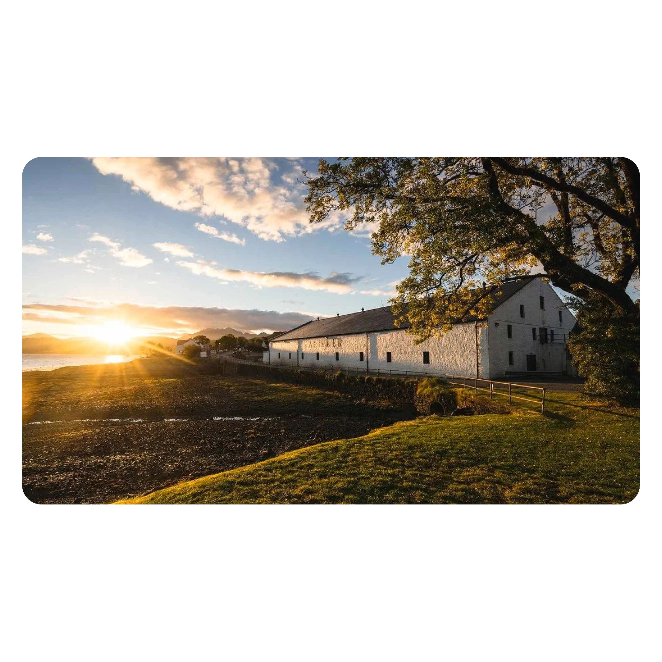 The sun shines across the beautiful landscape illuminating the white building that is home to Talisker.