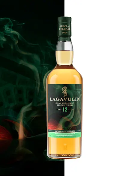 Lagavulin Grain & Embers whisky bottle with green and red background