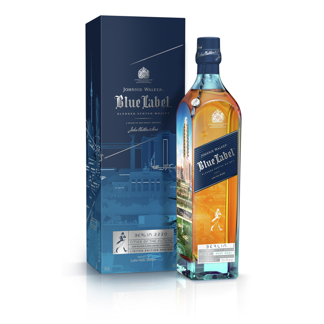 Eine Flasche Johnnie Walker Blue Label mit dem futuristischen Design Berlin 2220.