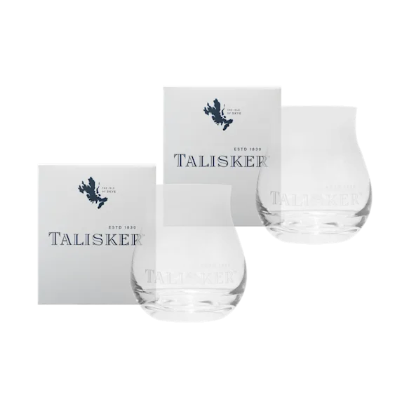 Pair of Talisker-branded dram glasses.