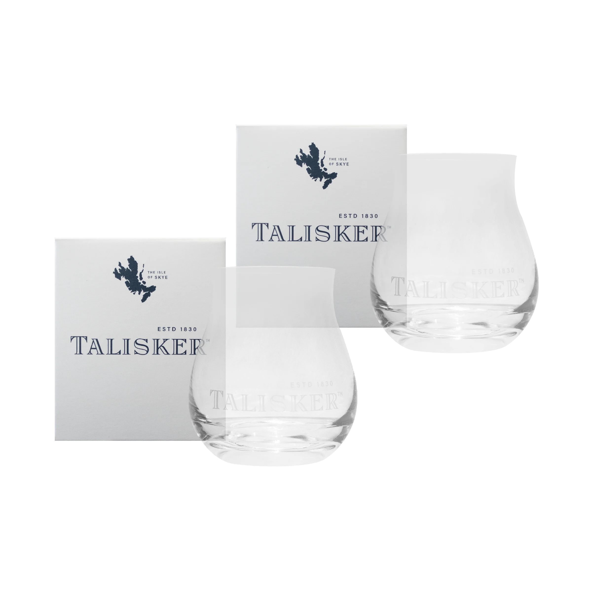 Pair of Talisker-branded dram glasses.