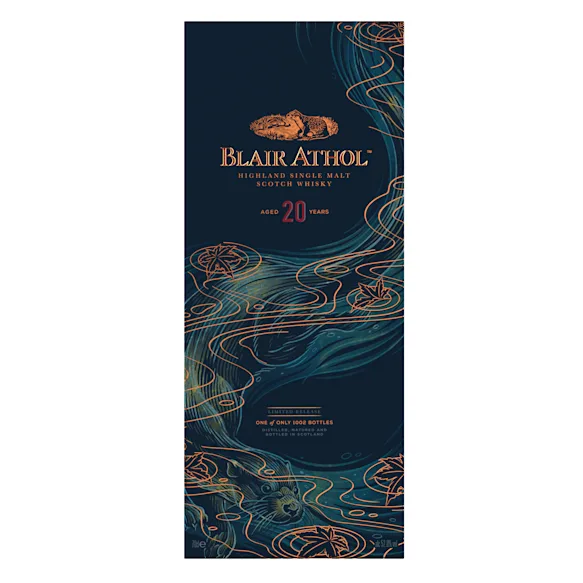 Close-up of the illustrated gift box for Blair Athol 20 Year Old, showing detailed swirling water and otter motif.