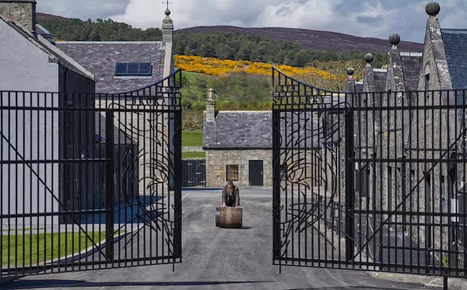 Brora distillery entrance in the Scottish Highlands with historic buildings