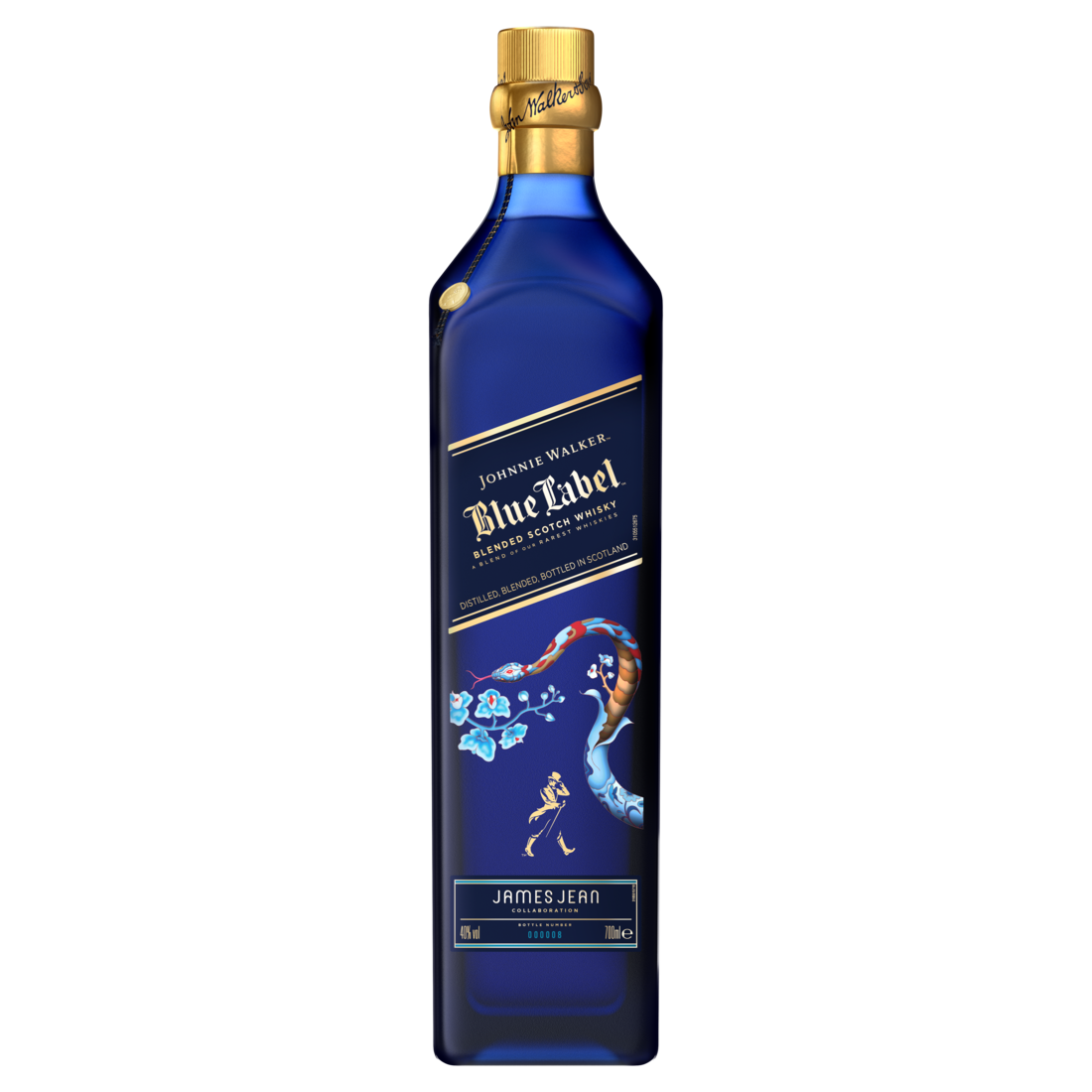 The Johnnie Walker Blue Label bottle displayed with its iconic label, accented by floral designs from the Lunar New Year edition.