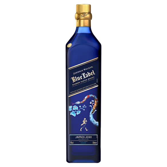 The Johnnie Walker Blue Label bottle displayed with its iconic label, accented by floral designs from the Lunar New Year edition.