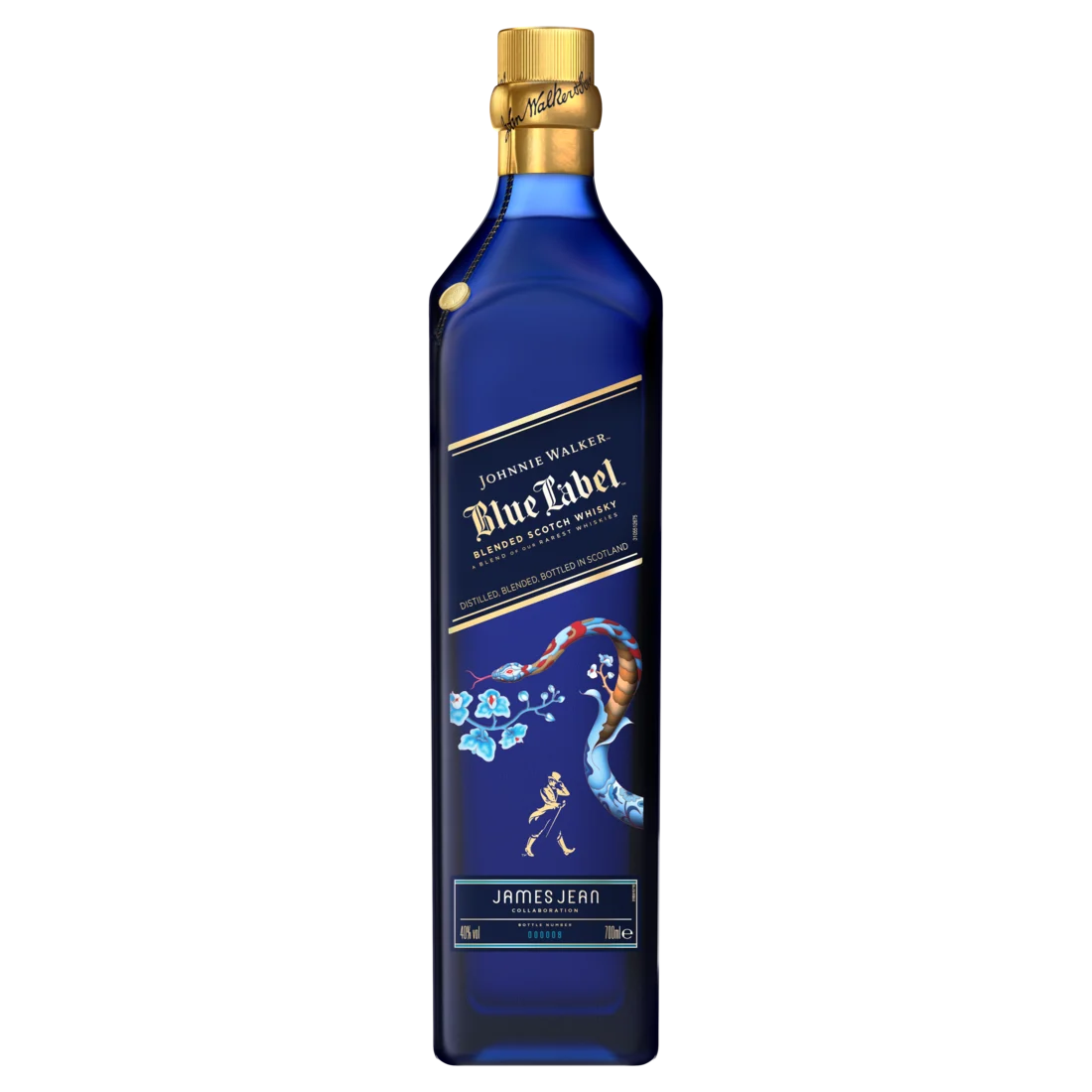 The Johnnie Walker Blue Label bottle displayed with its iconic label, accented by floral designs from the Lunar New Year edition.