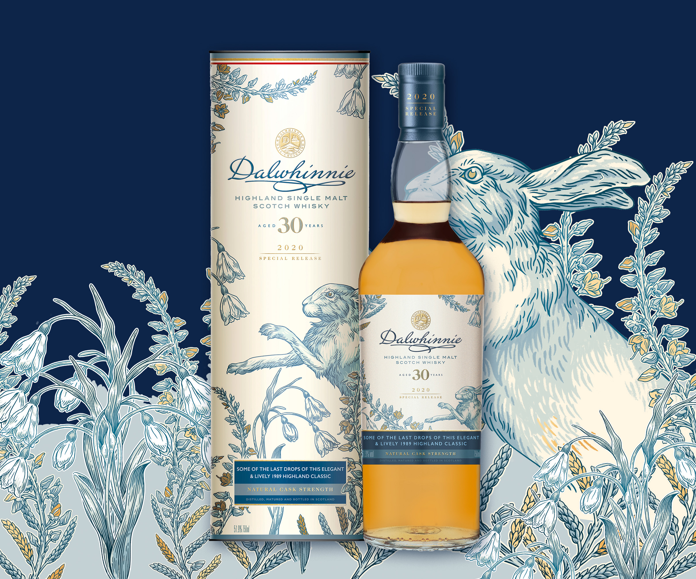 Sign up now A bottle of Dalwhinnie 30 Year Old and its packaging in front of a dark blue background.