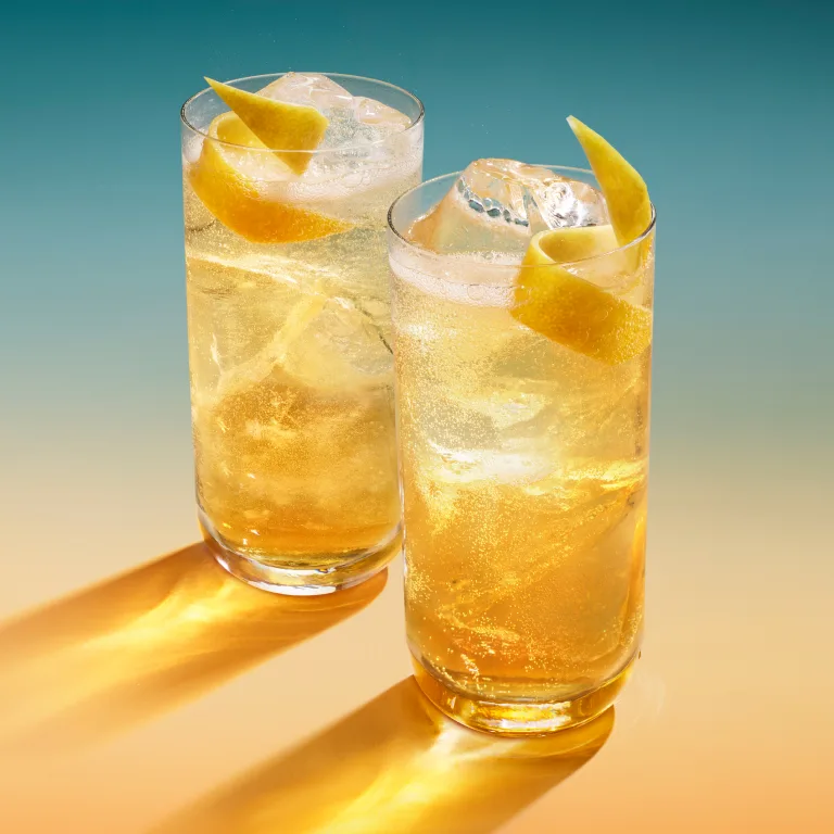 Two highball cocktails, filled with ice and topped with a twisted fruit garnish, against a gradient blue and orange background.  