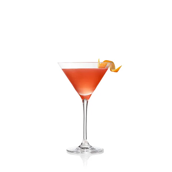 Ein Brown-Derby-Cocktail in einem Martiniglas mit einer rosa Grapefruitschale als Garnitur