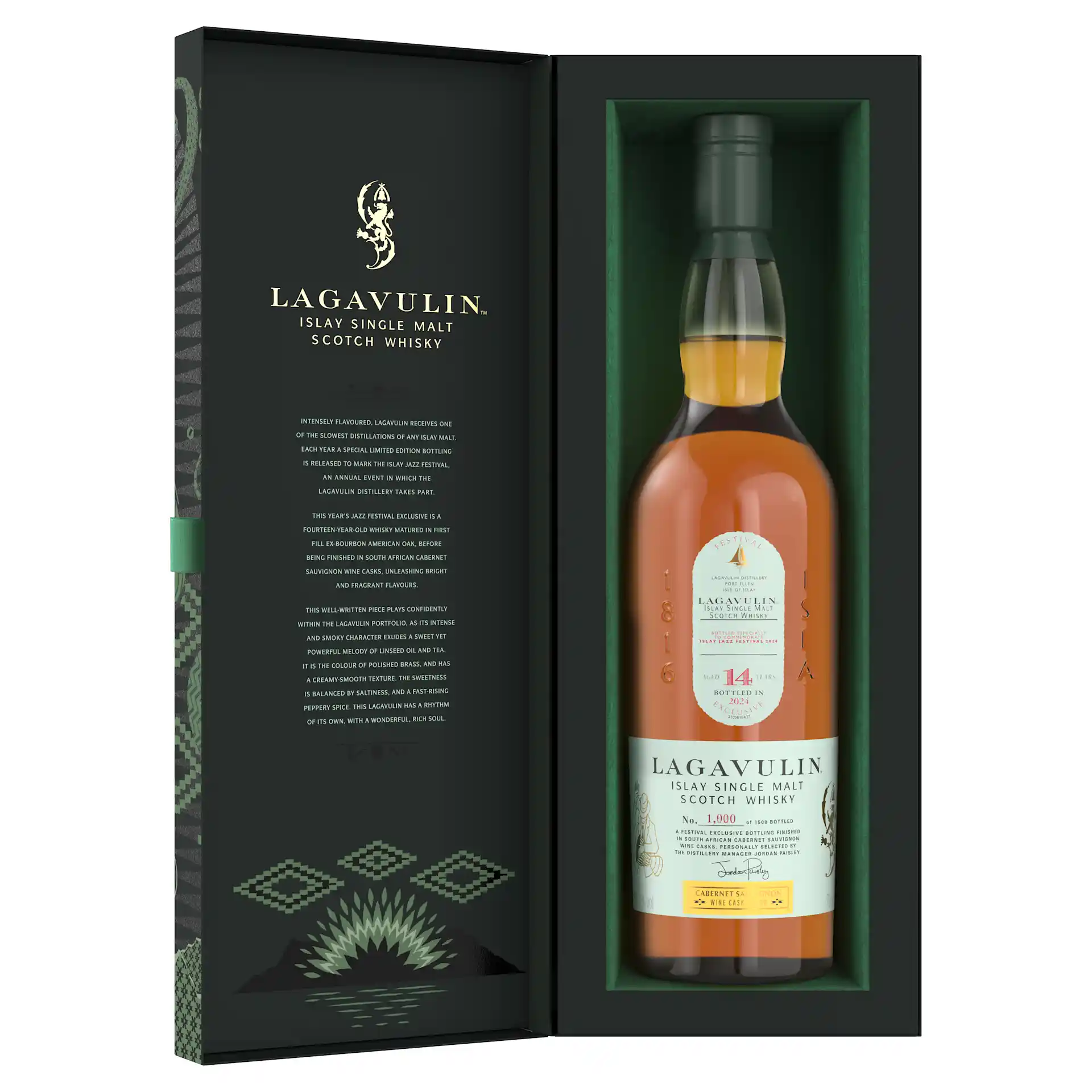 A bottle of Lagavulin 14-year-old Islay Single Malt Scotch Whisky inside its packaging.