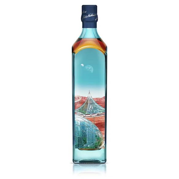 A bottle of Johnnie Walker Blue Label with a futuristic City X Mars design.