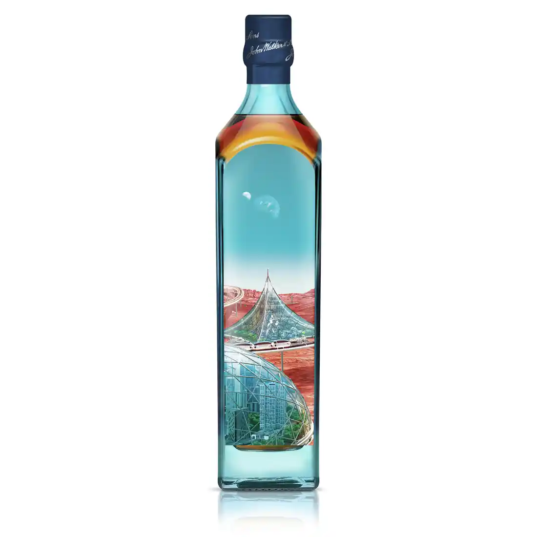 A bottle of Johnnie Walker Blue Label with a futuristic City X Mars design.