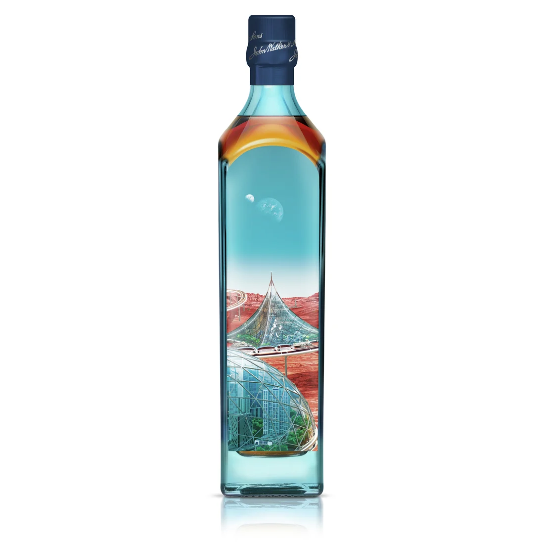 A bottle of Johnnie Walker Blue Label with a futuristic City X Mars design.