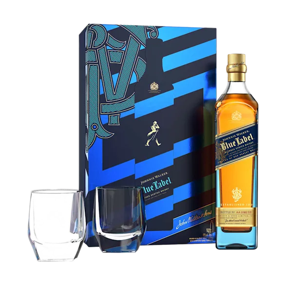 Johnnie Walker Blue Label Blended Scotch Whisky 70cl Giftpack with 2 x Crystal Glasses