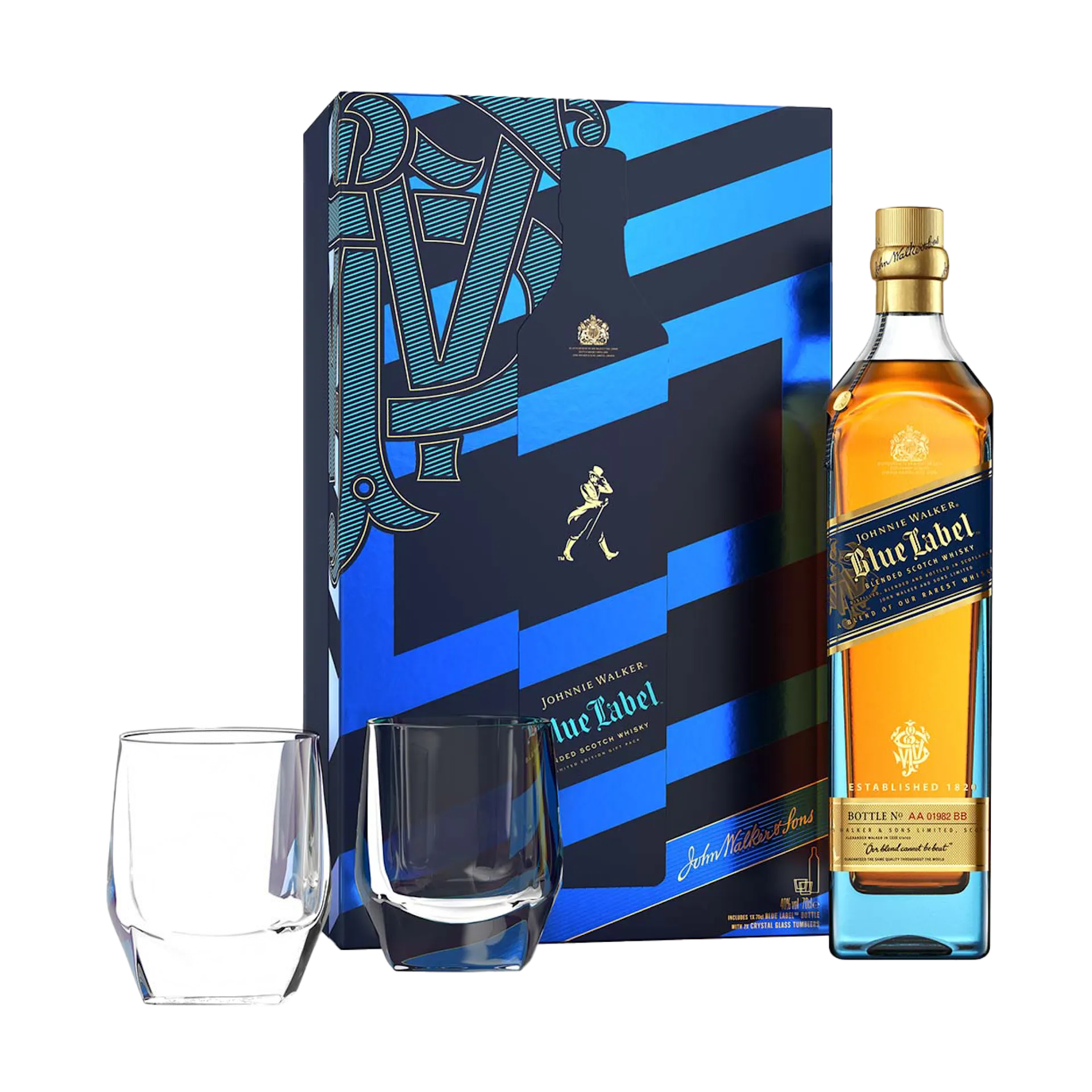 Johnnie Walker Blue Label Blended Scotch Whisky 70cl Giftpack with 2 x Crystal Glasses