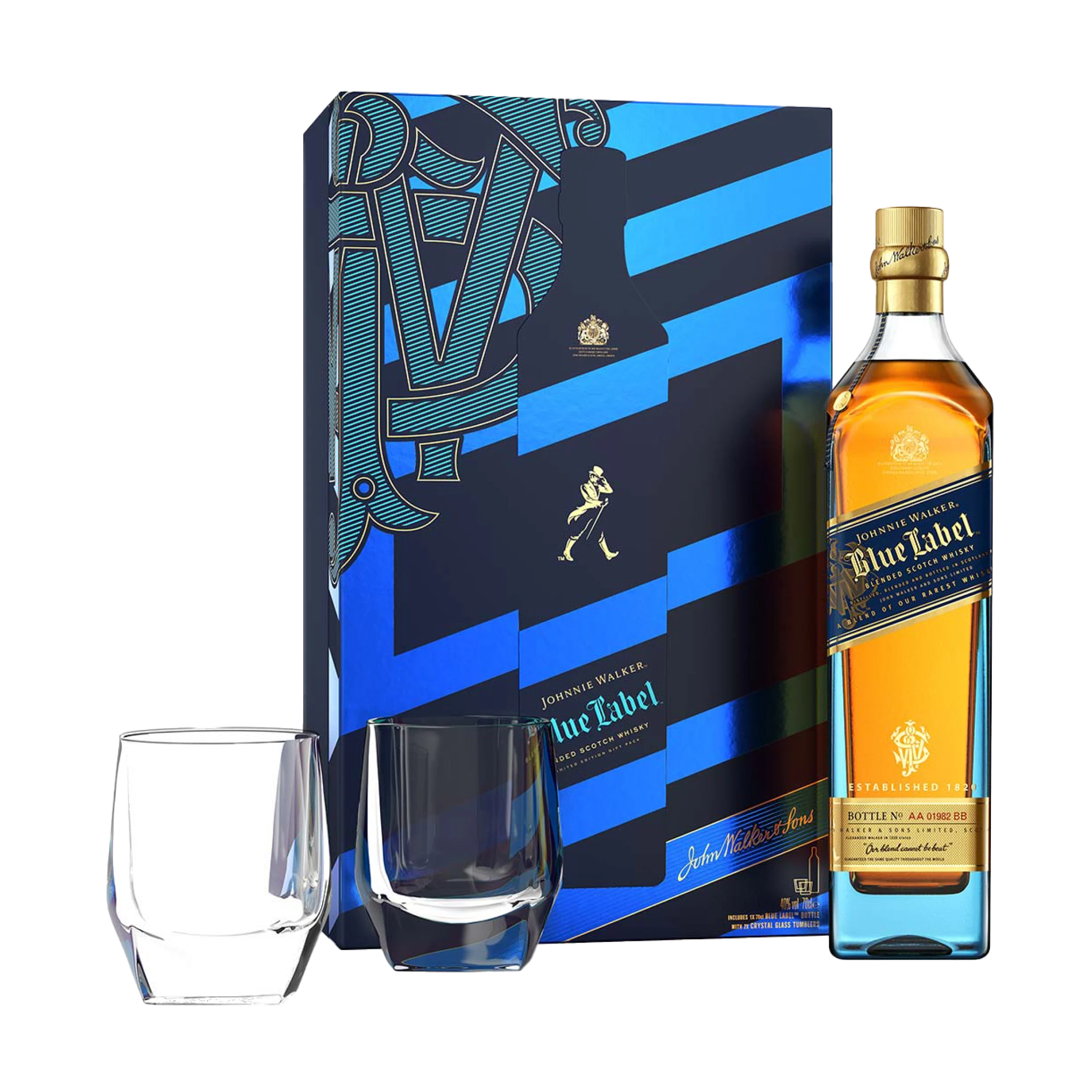 Johnnie Walker Blue Label Blended Scotch Whisky 70cl Giftpack with 2 x Crystal Glasses