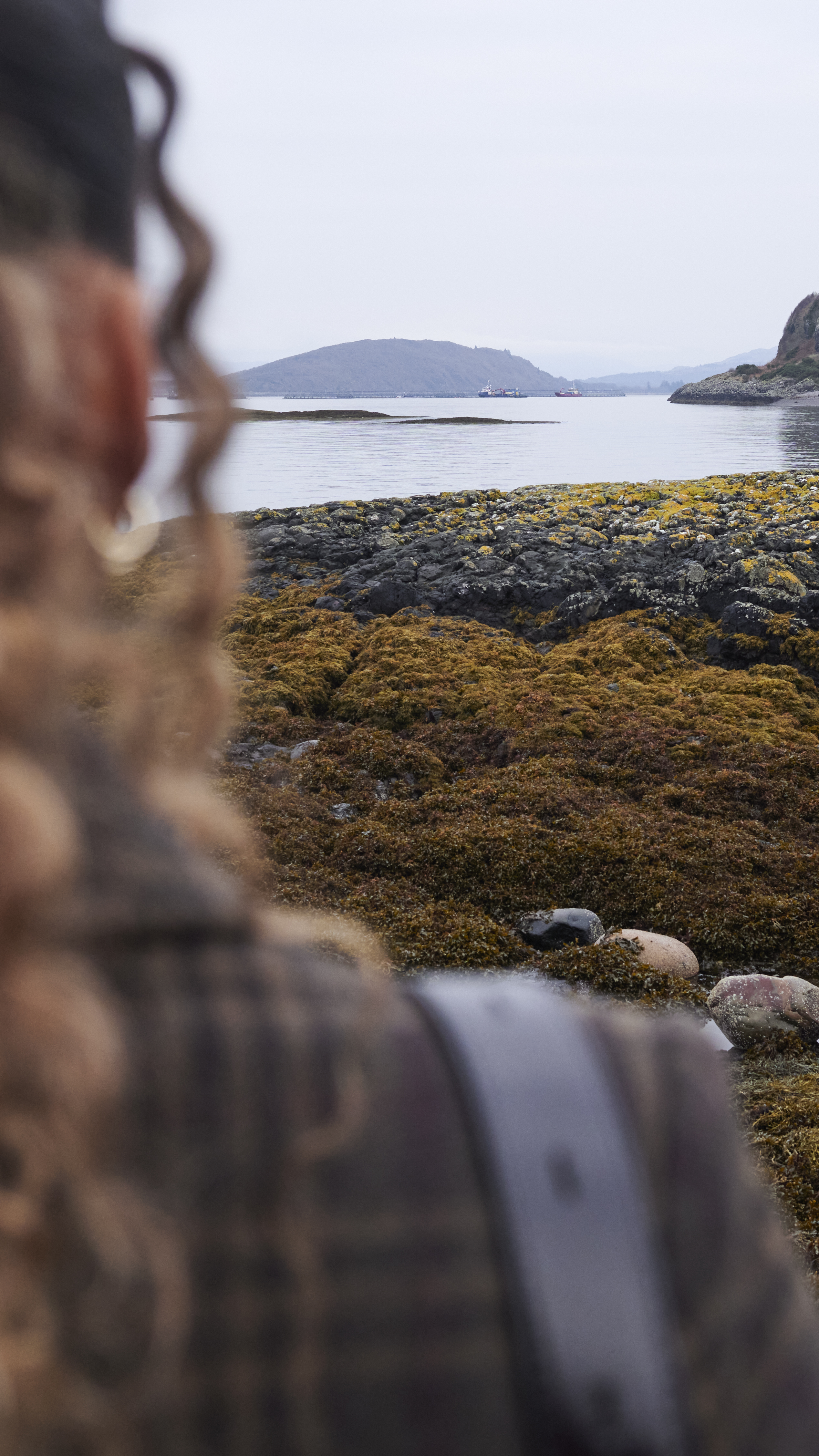 A woman stands on a rugged shoreline, looking out to a coastline which is still