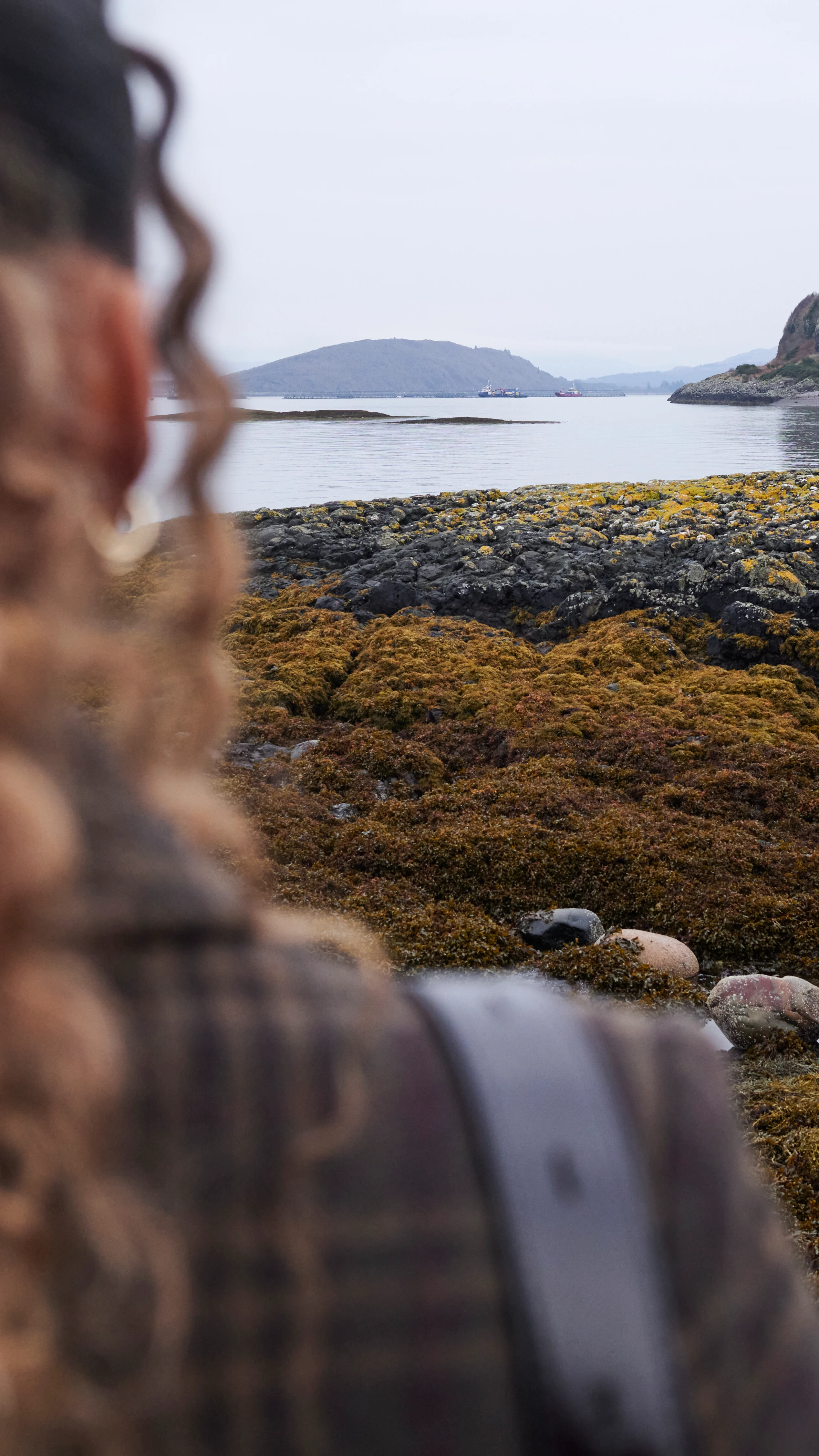 A woman stands on a rugged shoreline, looking out to a coastline which is still
