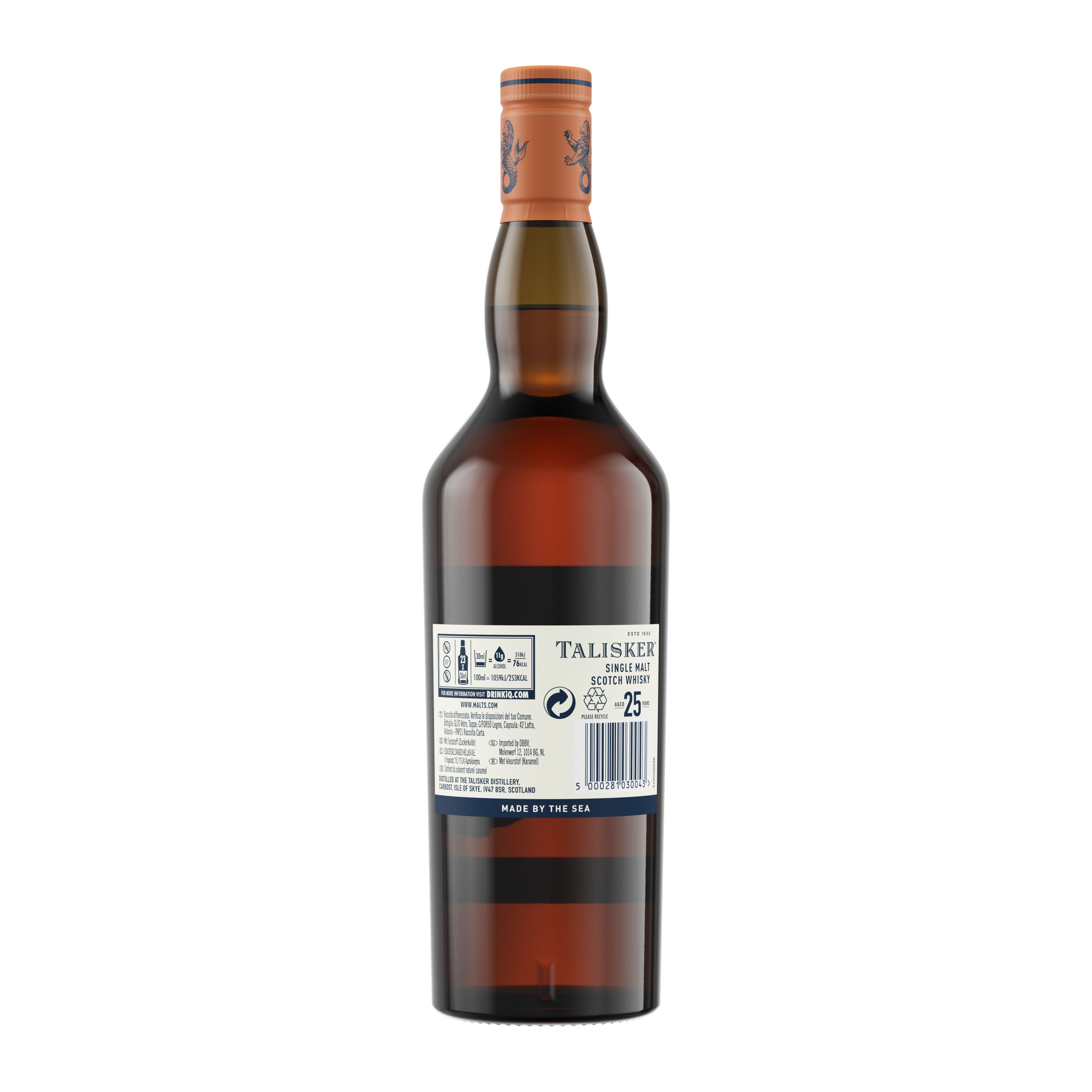 Talisker 25 Year Old Single Malt Scotch Whisky, 70cl Back of bottle