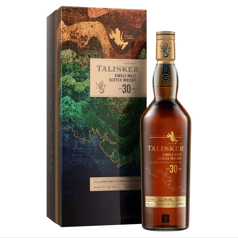 Bottle of Talisker Special Release 2023 Single Malt Scotch Whisky alongside decorative packaging