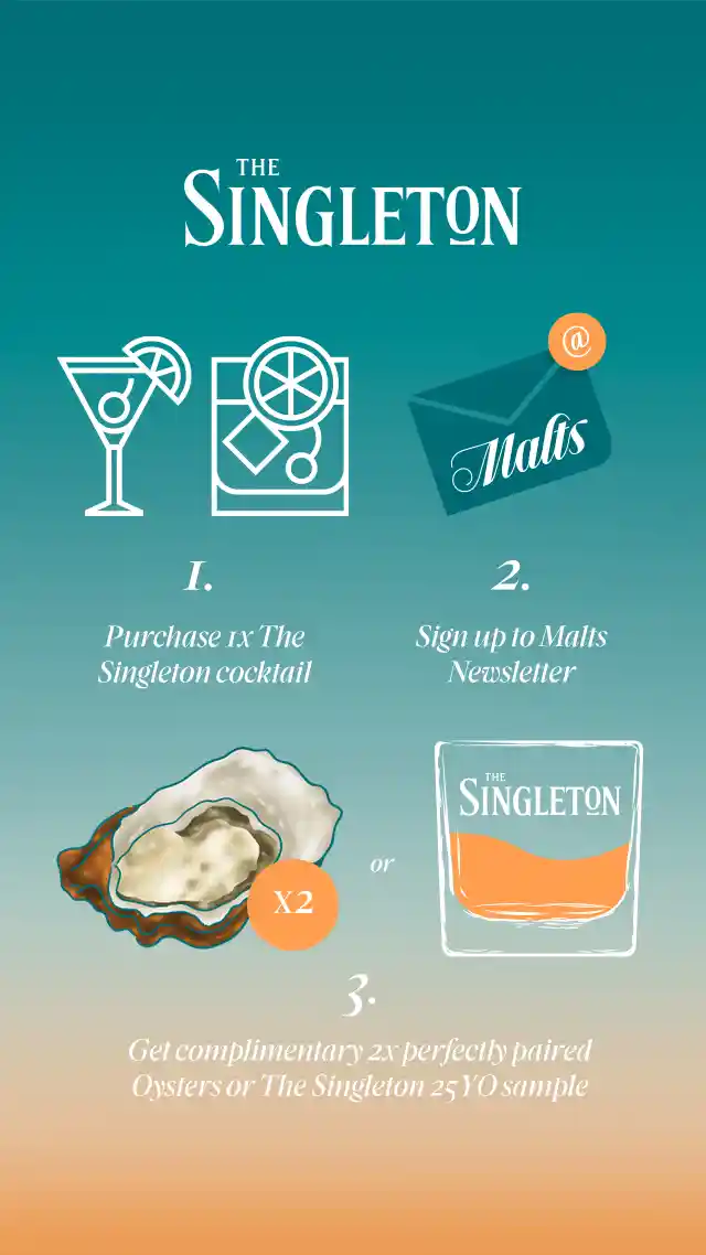 I.  Purchase Ix The Singleton cocktail  2.  Sign up to Malts Newsletter  3.  Get complimentary 4x perfectly paired Oysters or The Singleton 25 YO sample