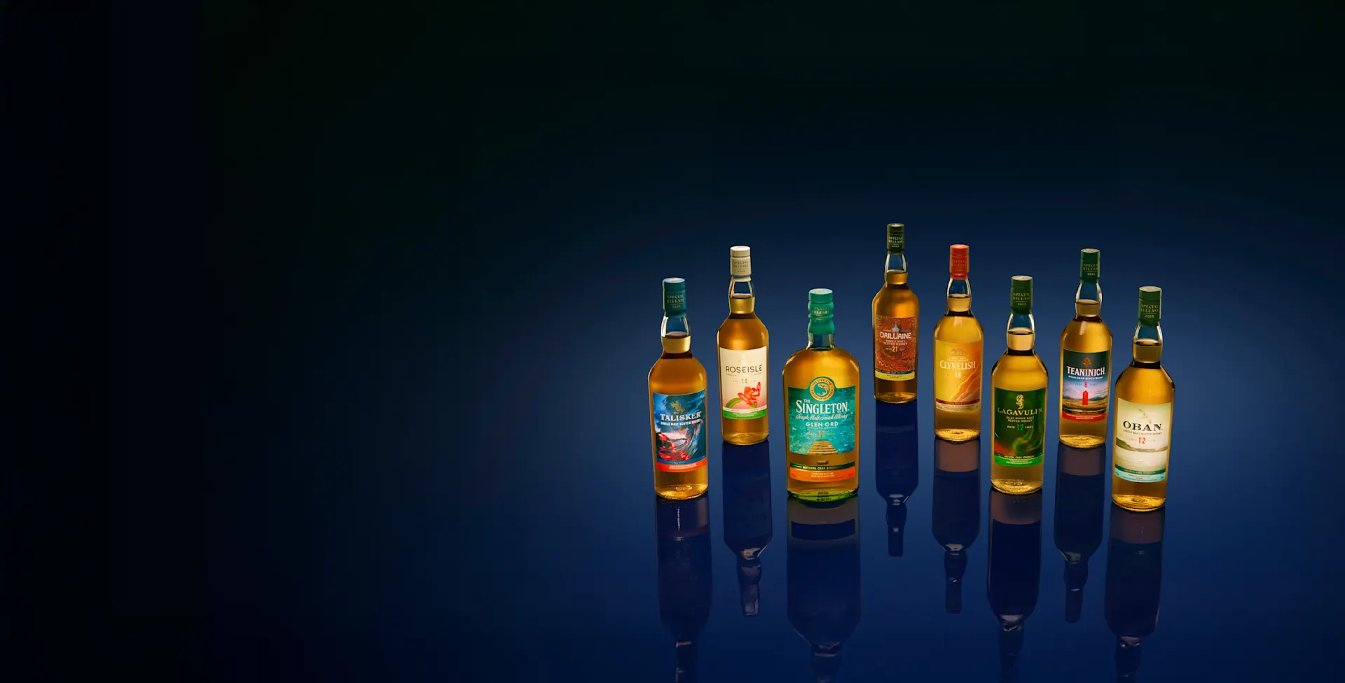Full lineup of Malts Special Releases 2025 whisky bottles on dark blue background