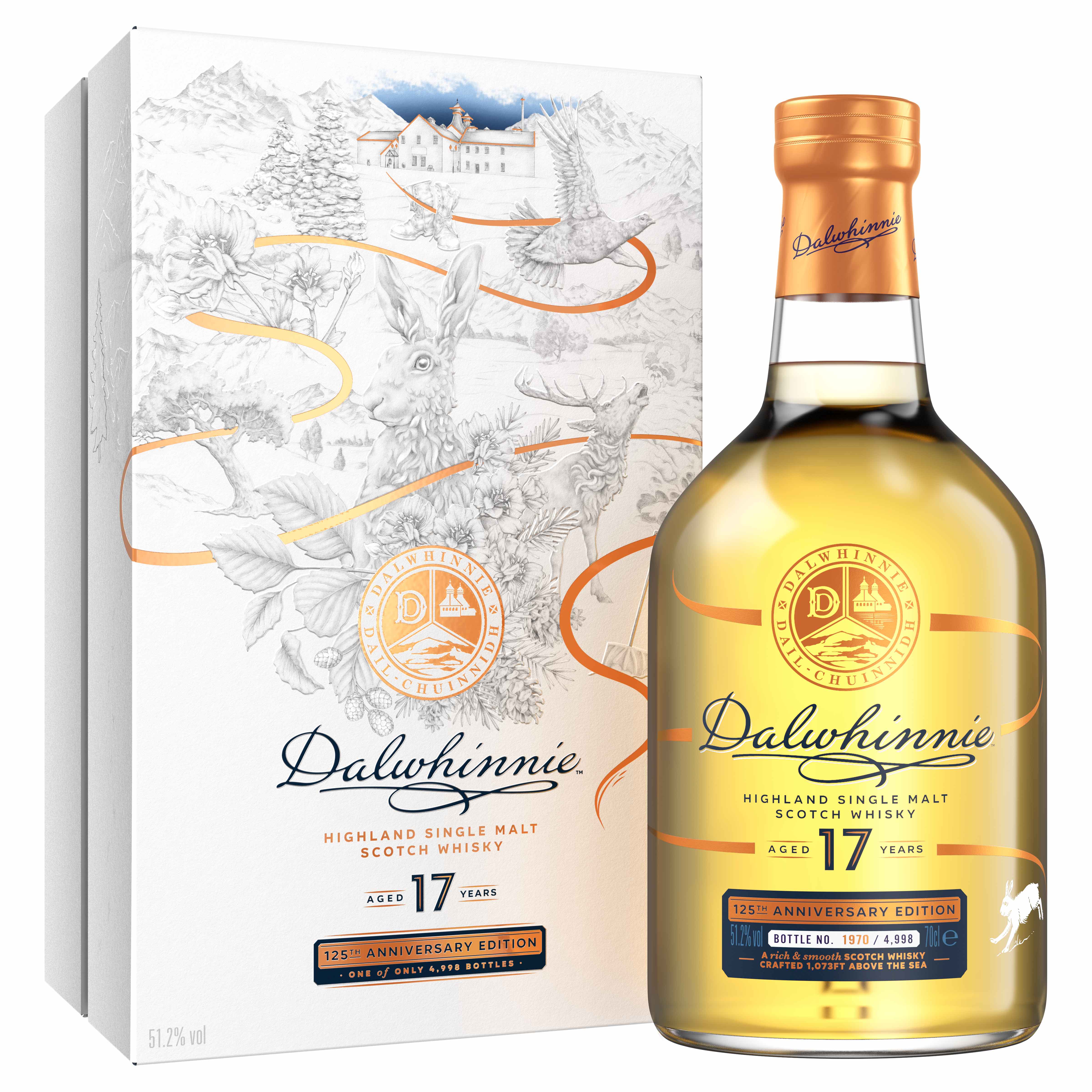 A bottle of Dalwhinnie 17 Year Old – 125th Anniversary Edition and its beatifully decorated box.