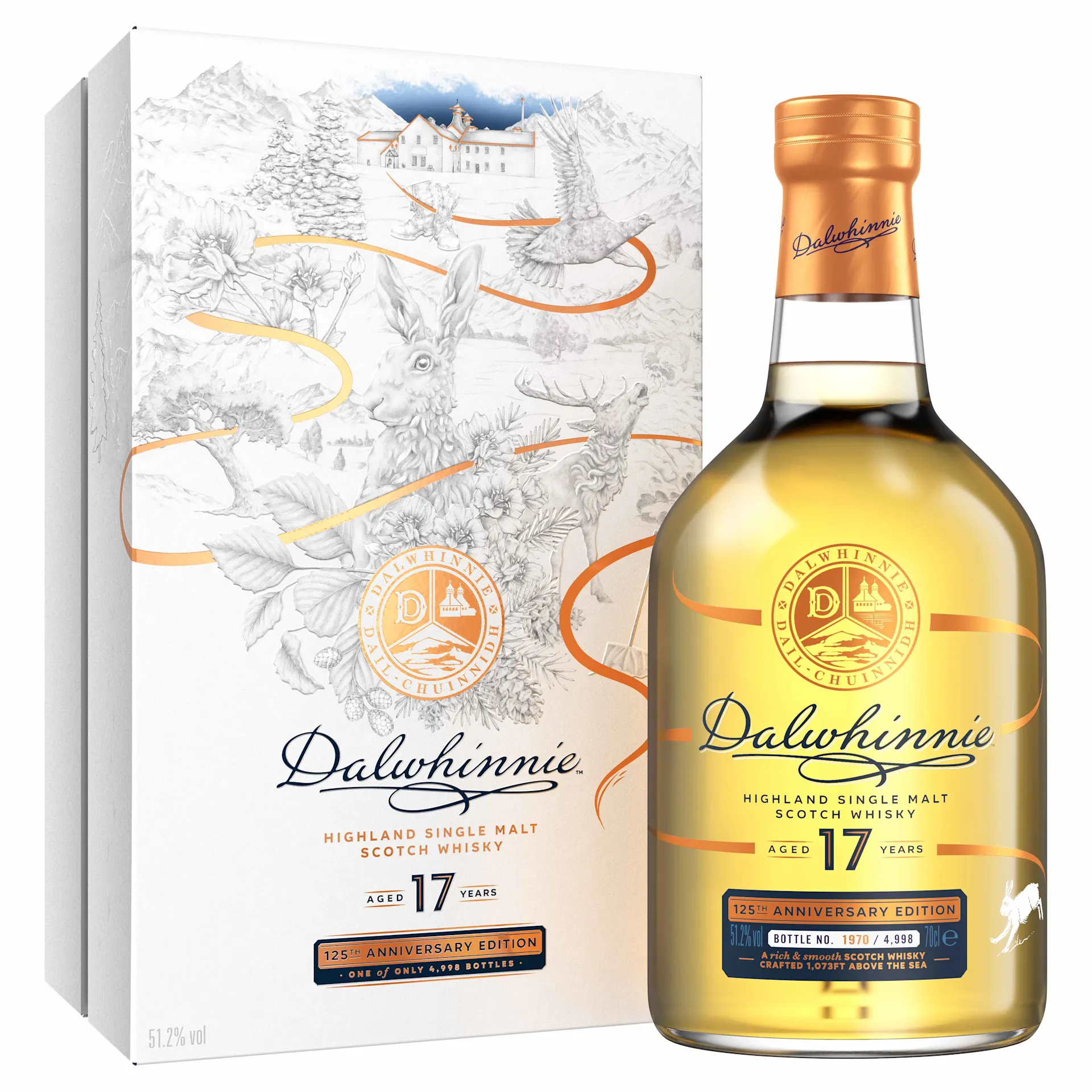 Een fles Dalwhinnie 17 Year Old - 125th Anniversary Edition en de prachtig versierde doos.