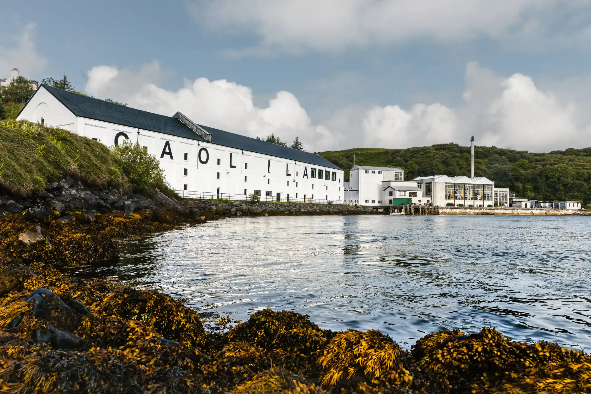 The white buildings of Caol Ila distillery sit on a calm body of water surrounded by green and yellow banks. On one part of a building, the words Caol Ila are printed in large black letters.