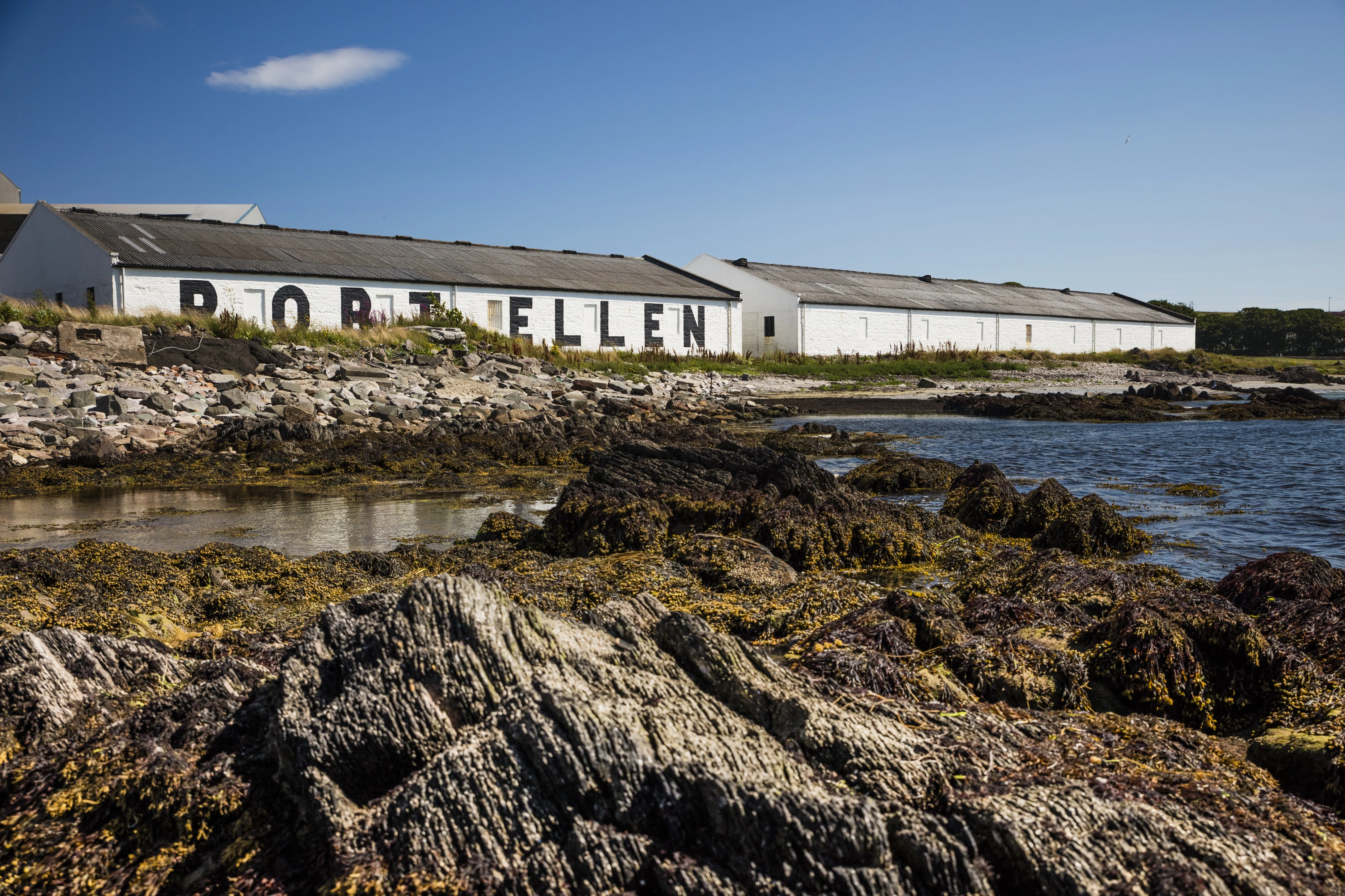 A rocky shore and still body of water sits in front of the white building of Port Ellen distillery, against a backdrop of a bright blue sky.
