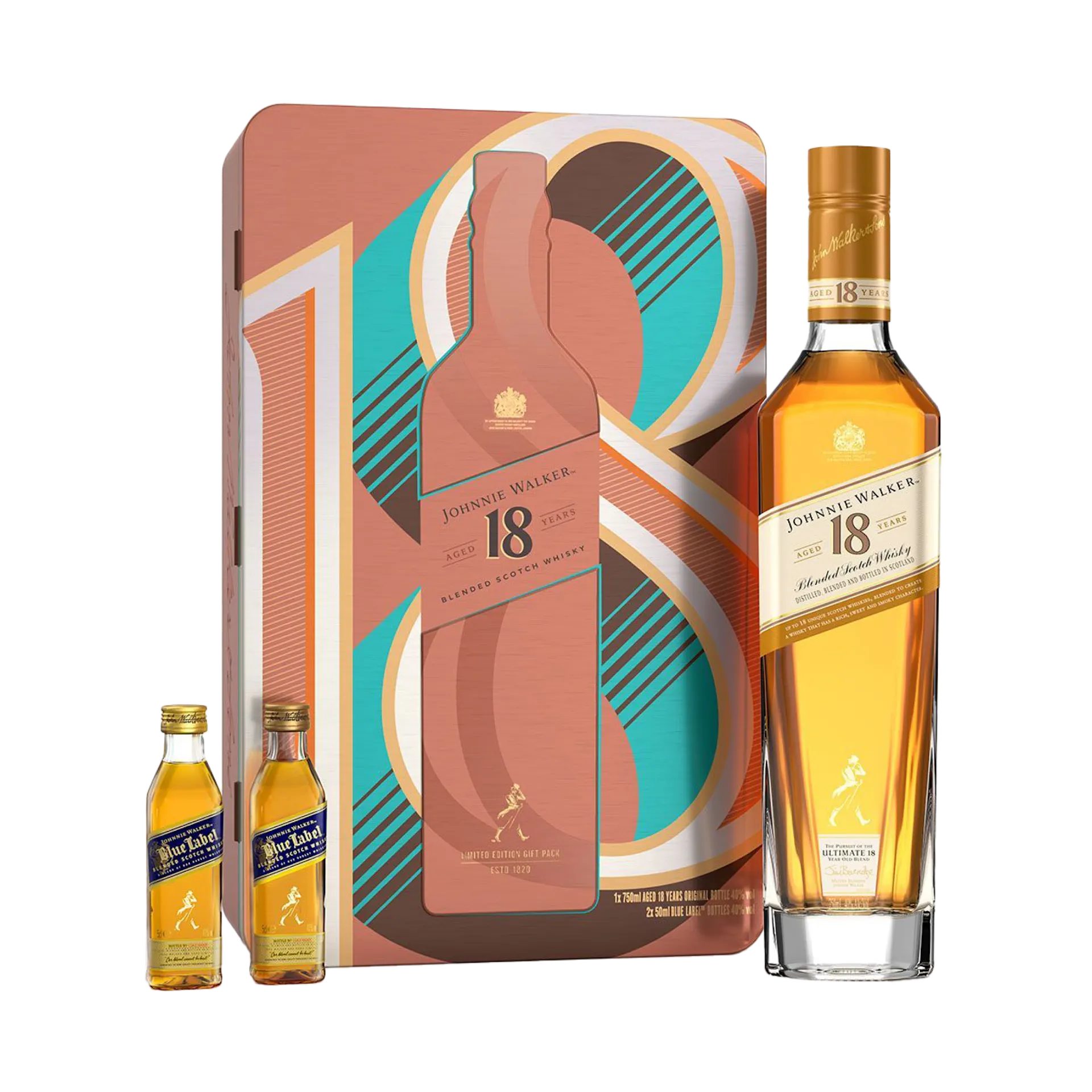 Johnnie Walker 18 Year Old Blended Scotch Whisky 70cl with Gift Tin & 2x5cls