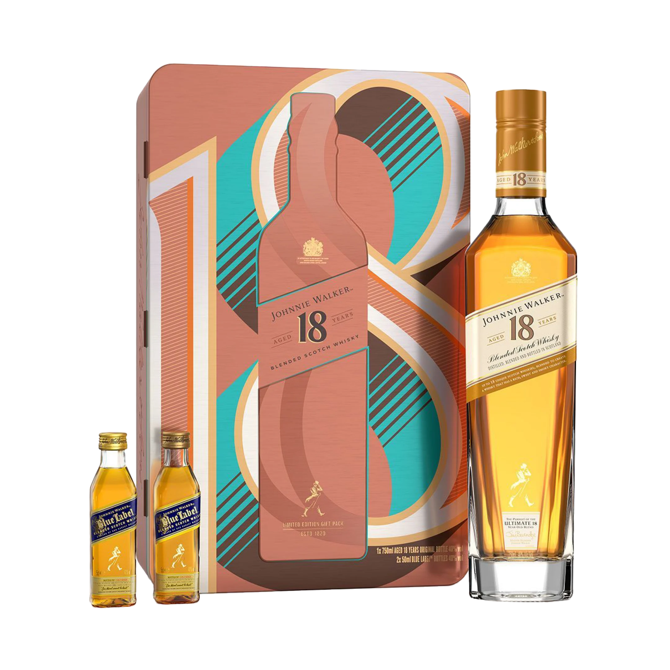 Johnnie Walker 18 Year Old Blended Scotch Whisky 70cl with Gift Tin & 2x5cls
