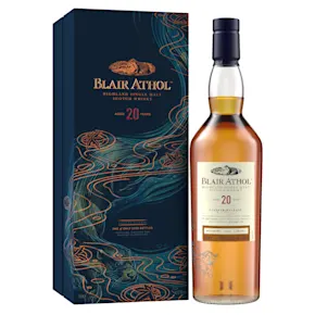 Bottle of Blair Athol 20 Year Old Highland Single Malt Scotch Whisky next to its illustrated dark blue gift box featuring swirling water and an otter design.