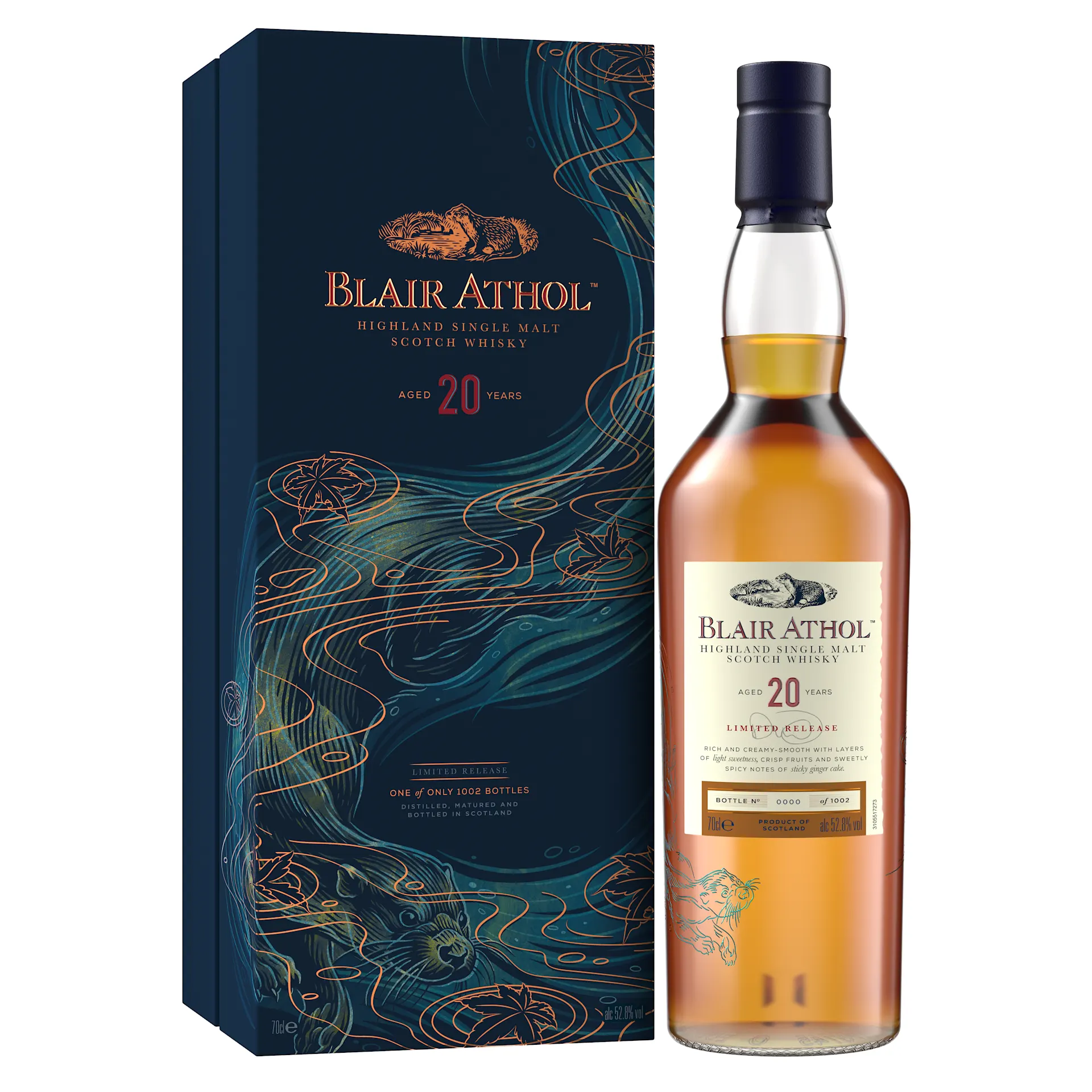 Fles Blair Athol 20 jaar oude Highland Single Malt Scotch Whisky naast een donkerblauwe geschenkdoos met wervelend water en een otterillustratie.