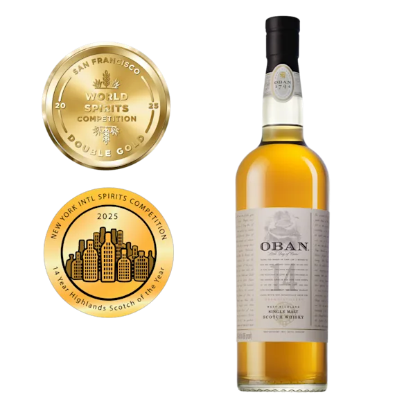 Oban 14 Year Old Single Malt Scotch Whisky 2025 San Francisco World Spirits Competition Double Gold, New York International Spirits Competition Double Gold