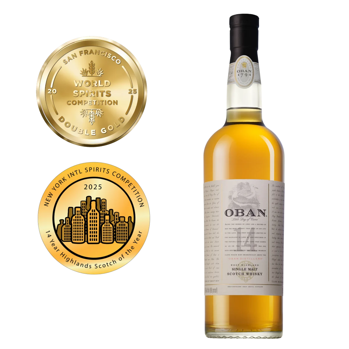 Oban 14 Year Old Single Malt Scotch Whisky 2025 San Francisco World Spirits Competition Double Gold, New York International Spirits Competition Double Gold