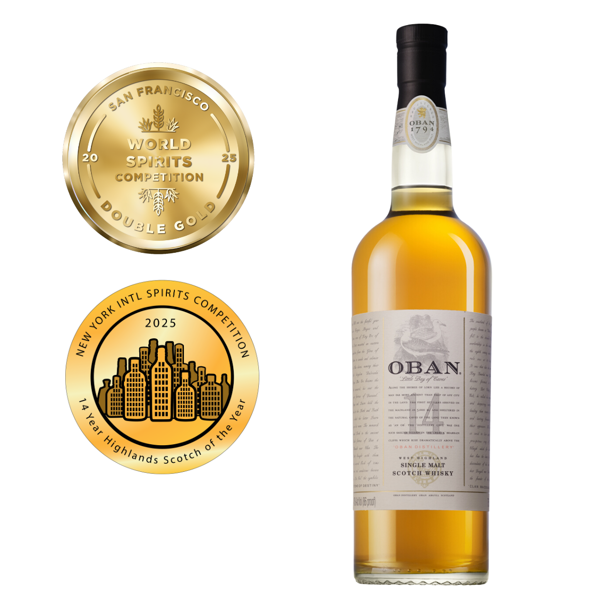 Oban 14 Year Old Single Malt Scotch Whisky 2025 San Francisco World Spirits Competition Double Gold, New York International Spirits Competition Double Gold