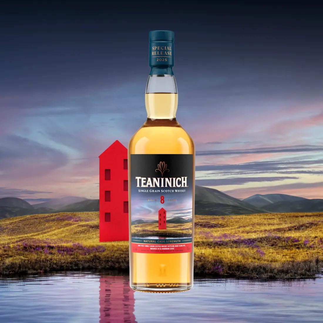 Teaninich Single Grain Scotch Whisky Daring Rye 8 Year Old bottle with red house and highlands background