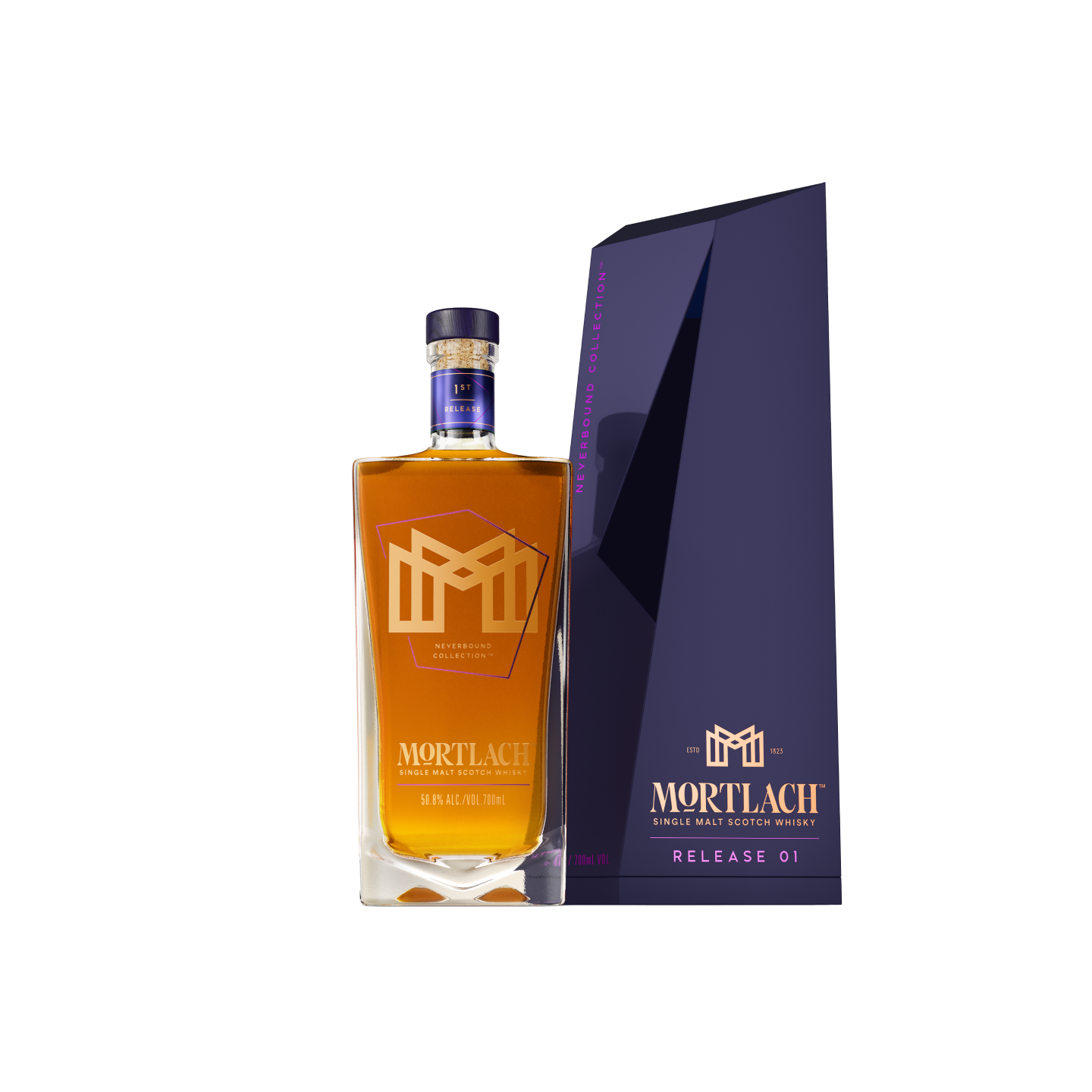 Mortlach Neverbound Collection Release 01 Whisky bottle to the left of the packaging.