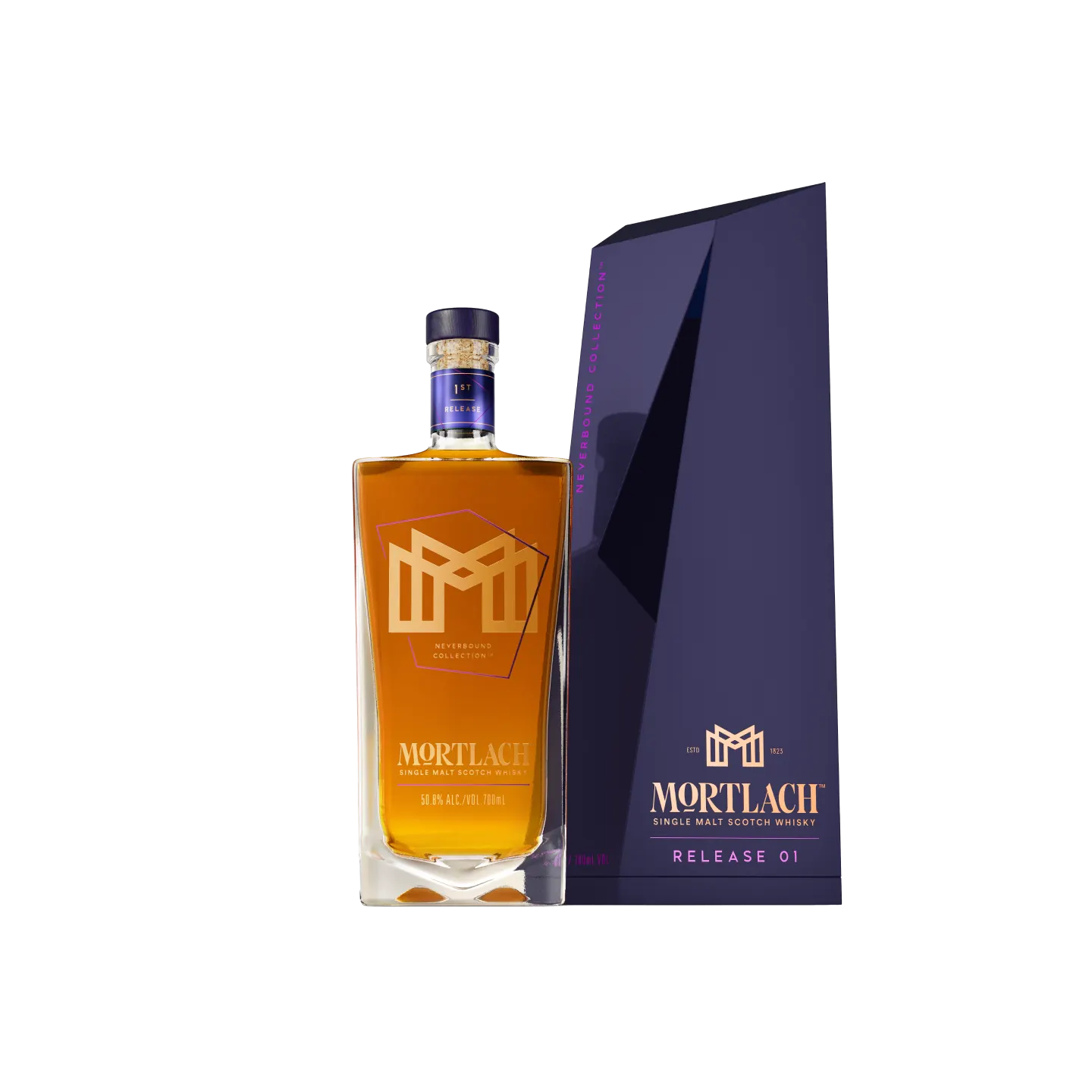 Mortlach Neverbound Collection Release 01 Whisky bottle to the left of the packaging.