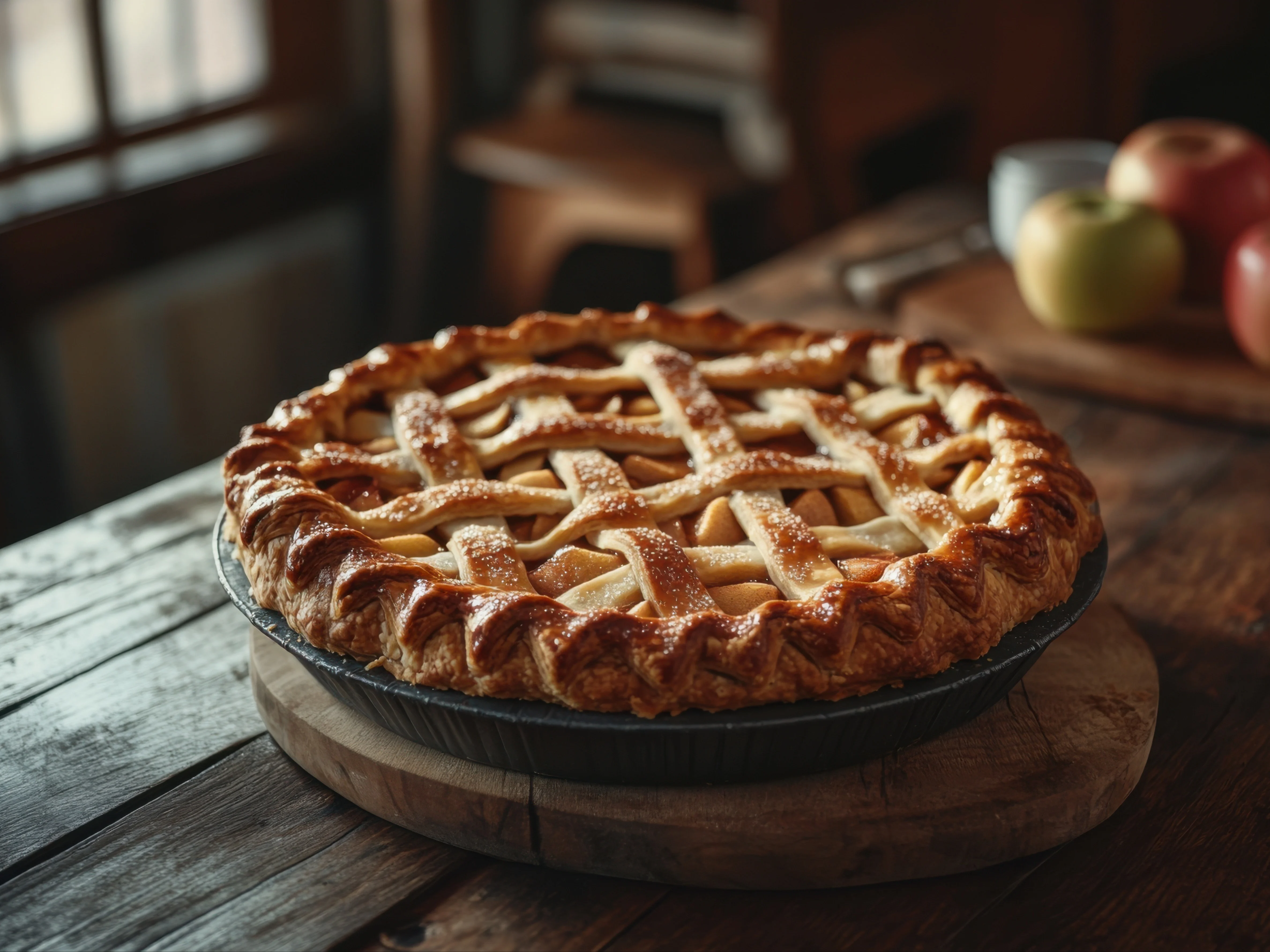 An apple pie with a golden lattice crust.