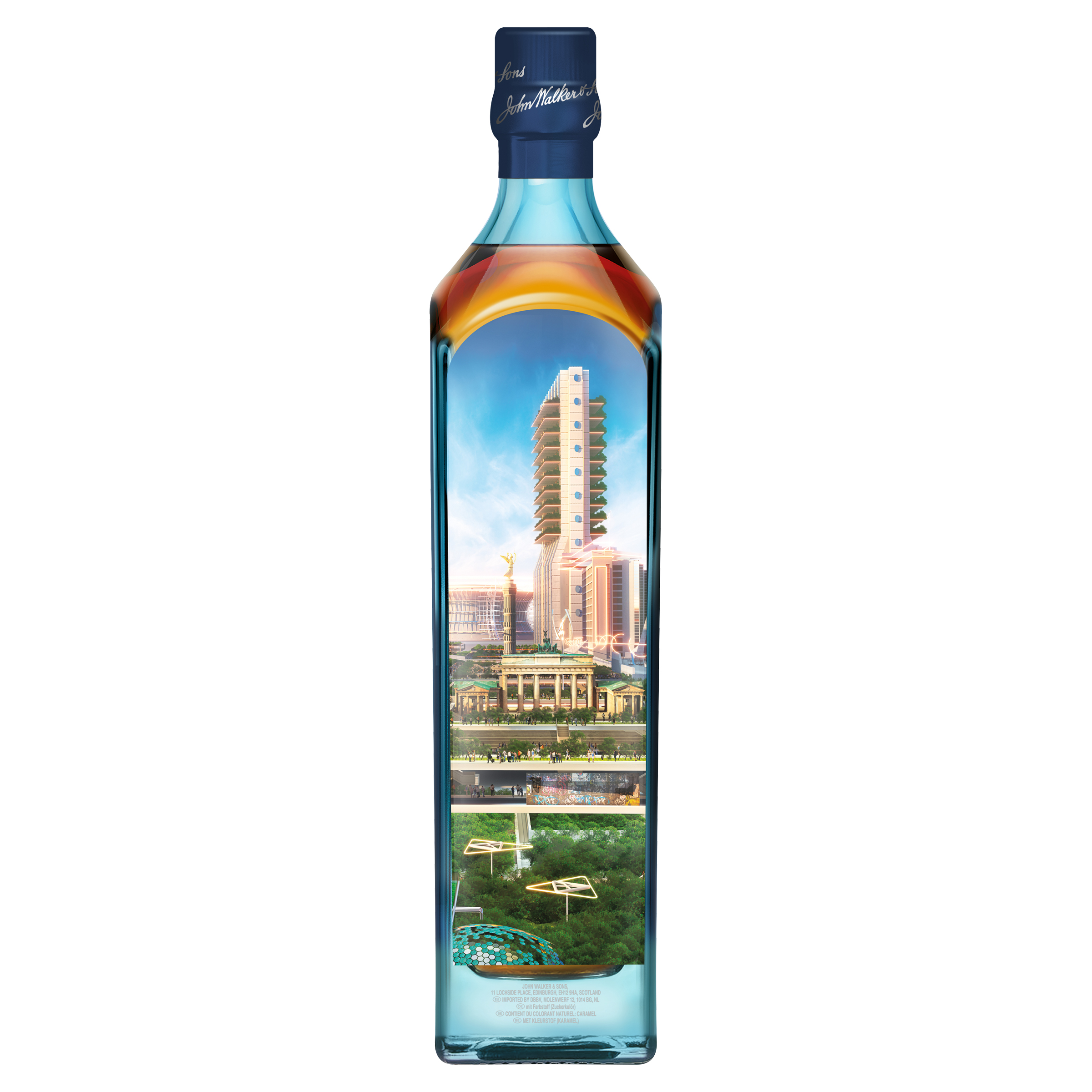 A bottle of Johnnie Walker Blue Label with a futuristic Berlin 2220 design.