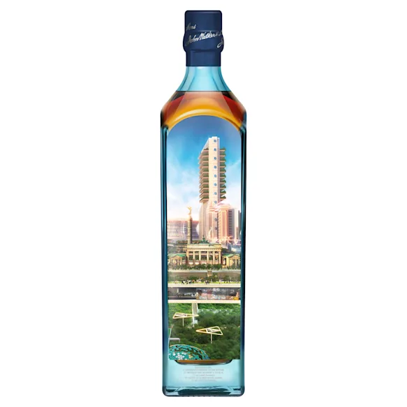 A bottle of Johnnie Walker Blue Label with a futuristic Berlin 2220 design.